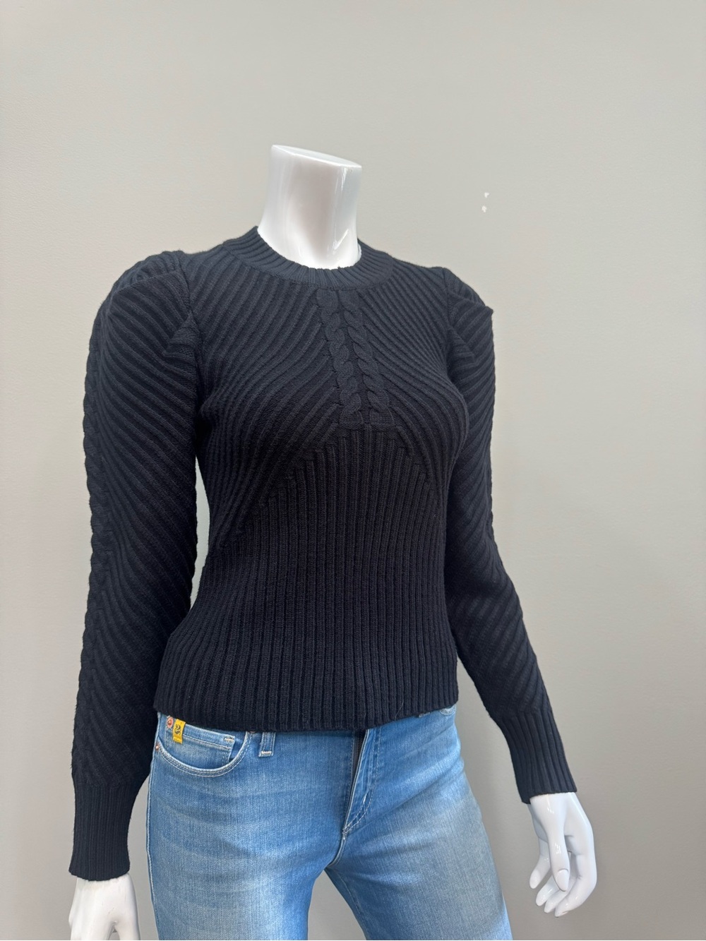 ALLISON NEW YORK Black Ribbed Cable Knit Crewneck Sweater Pullover XS $225